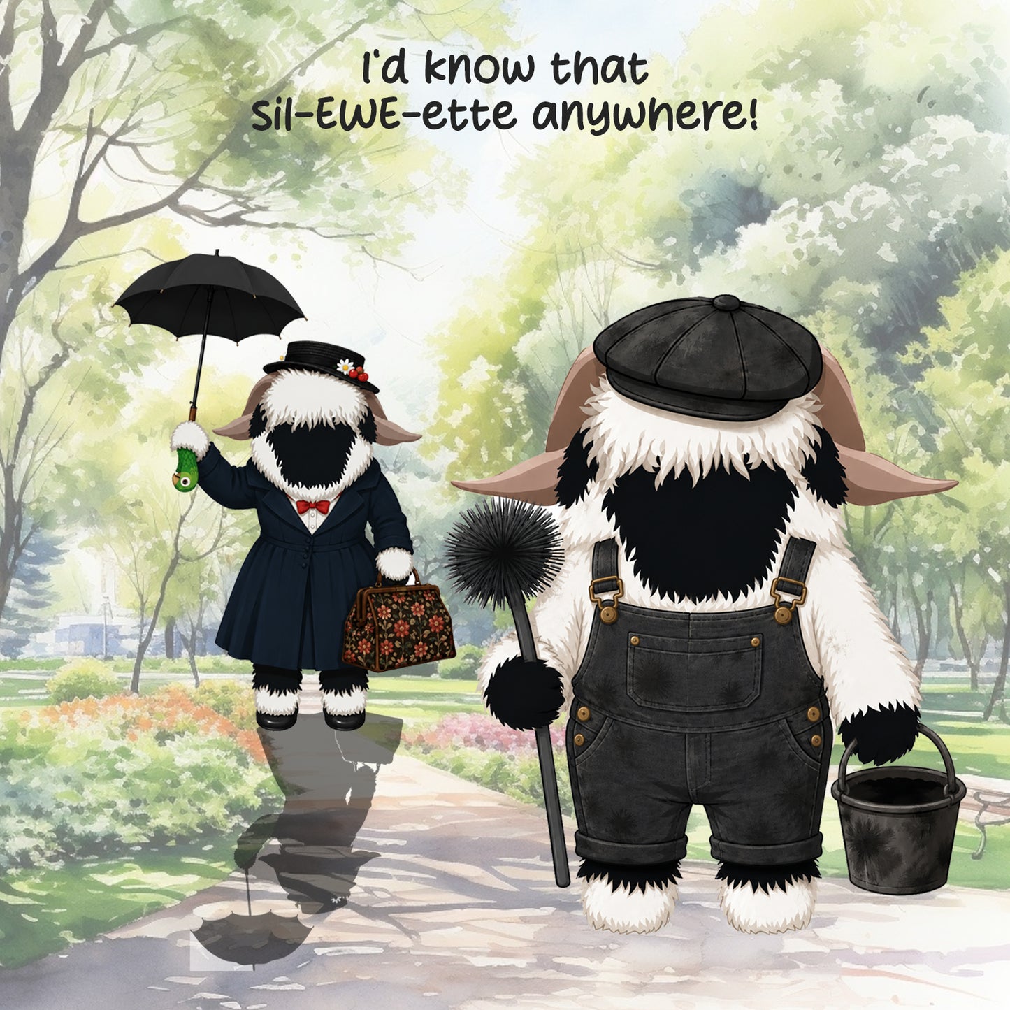 Valais Blacknose Sheep Jolly Holiday "Sil-EWE-Ette" Greetings Card