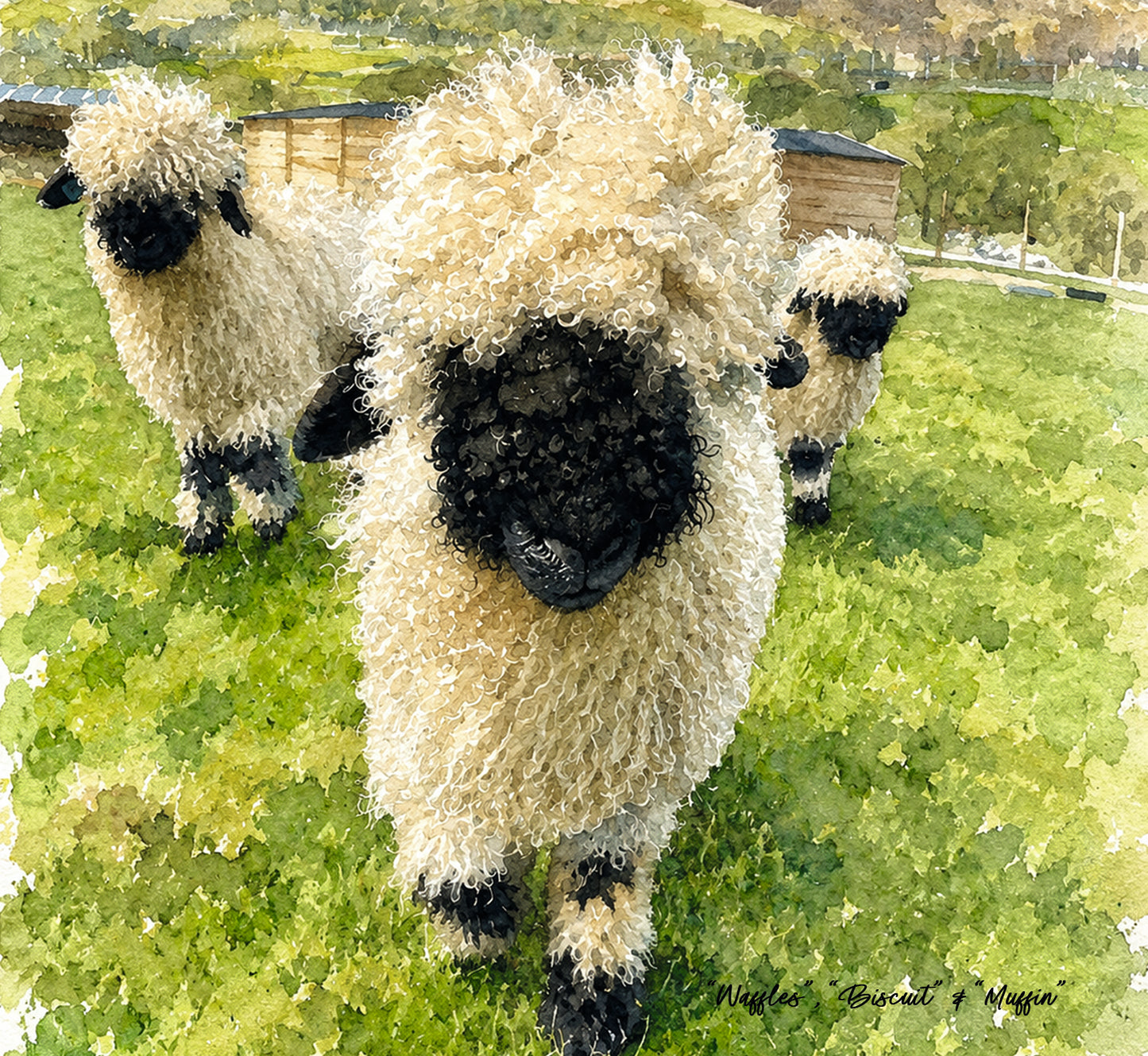 Valais Blacknose Sheep Watercolour Card - Muffin, Biscuit and Waffles