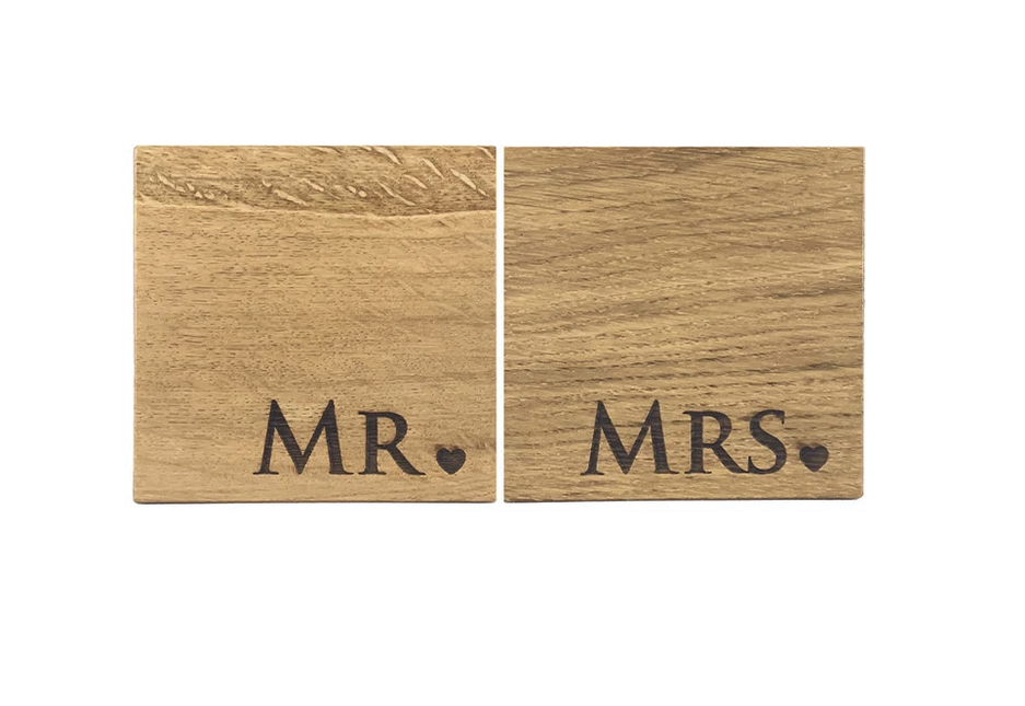Mr & Mrs Set of 2 Oak Coasters - Selbrae House