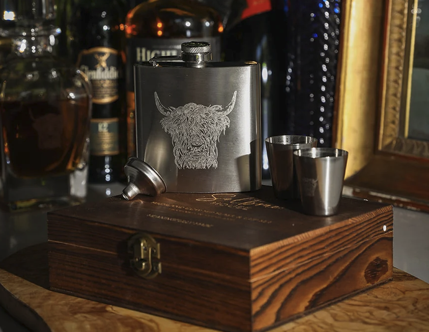 Highland Cow Hip Flask & Cup Set - Selbrae House