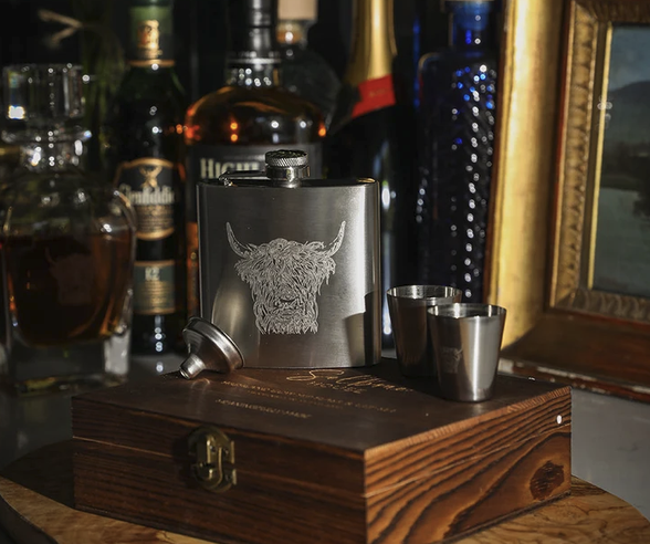 Highland Cow Hip Flask & Cup Set - Selbrae House