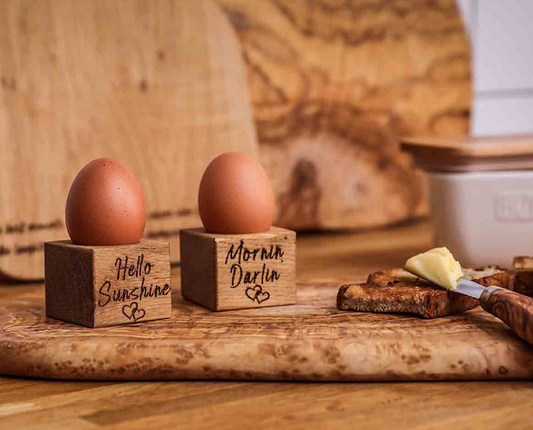 Hello Sunshine, Mornin Darling: Set of 2 Oak Egg Cups - Selbrae House