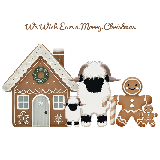 Valais Blacknose Sheep Christmas card: "We Wish Ewe a Merry Christmas"